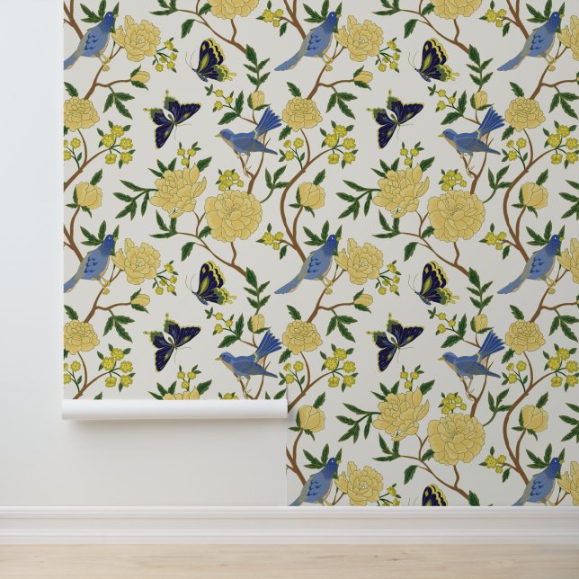 Gelb & Blau Chinoiserie Wolfsmilch Vögel Tapete (Anwendung)