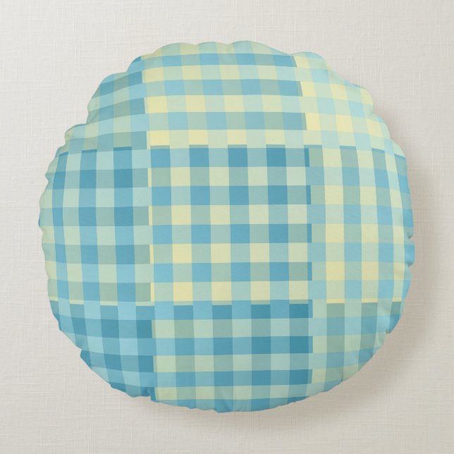 Gelb Blau Karo Patchworkmuster Rundes Kissen (Vorderseite)