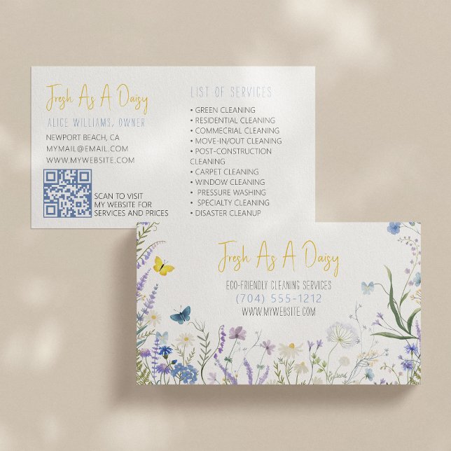 Gelb & blau Wasserfarbe Blumenschrift Reinigung Visitenkarte (Von Creator hochgeladen)