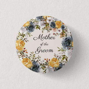 Gelb Blaue Handbemalte Florale Mutter Bräutigam Button