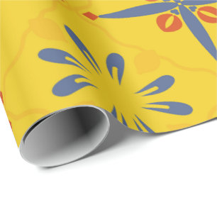 Gelb-blaues Blumenfliesenmuster mit symmetrischer Geschenkpapier