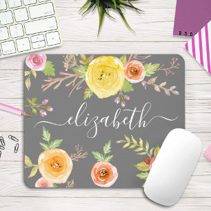 Gelb boho floral Wasserfarbe graue Monogramm Schri Mousepad
