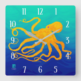 Gelb der Kraken-6 auf blauem Grün - quadratische Wanduhr