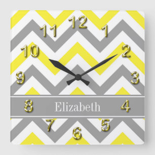 Gelb Dk Grau Weiß LG Chevron Grau Name Monogramm Quadratische Wanduhr