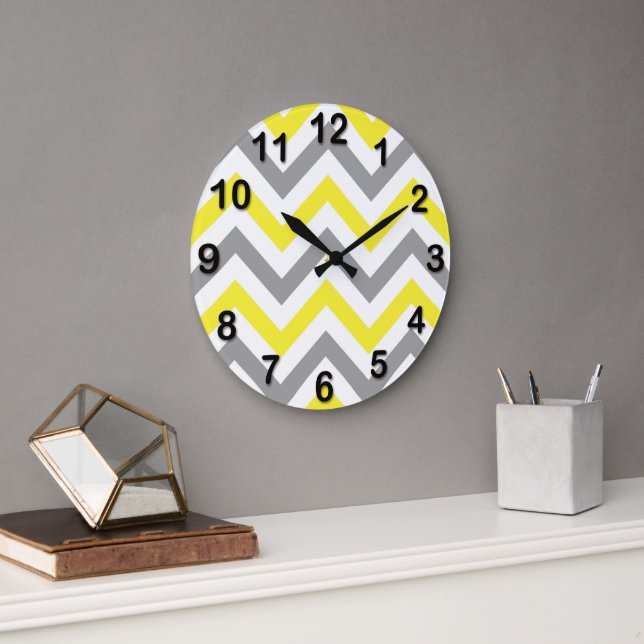 Gelb, dunkelgrau, großes Zickzack ZigZag-Muster Große Wanduhr (Büro)