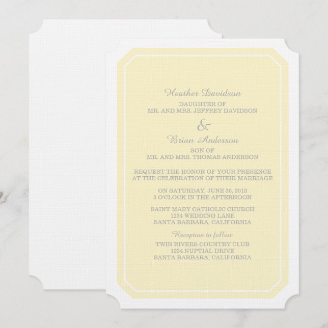 Gelb einfach elegant Hochzeitsempfang Einladung (Vorne/Hinten)