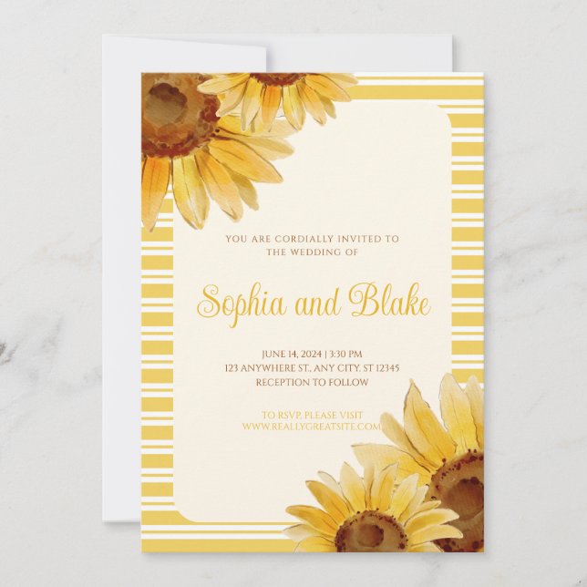 Gelb gestreifte Sonnenblumen Einladung Hochzeit (Vorderseite)