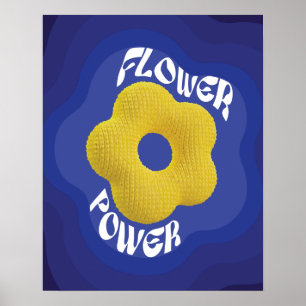 Gelb gestricktes Flower-Power-Kunstposter, blauer  Poster
