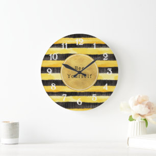 Gelb Gold Schwarz Bienen Streifen Große Wanduhr