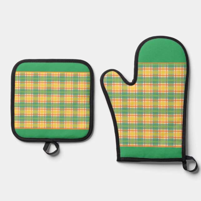Gelb, grün und orange Kariert Ofenhandschuh & Topflappen-Set (Vorderseite)