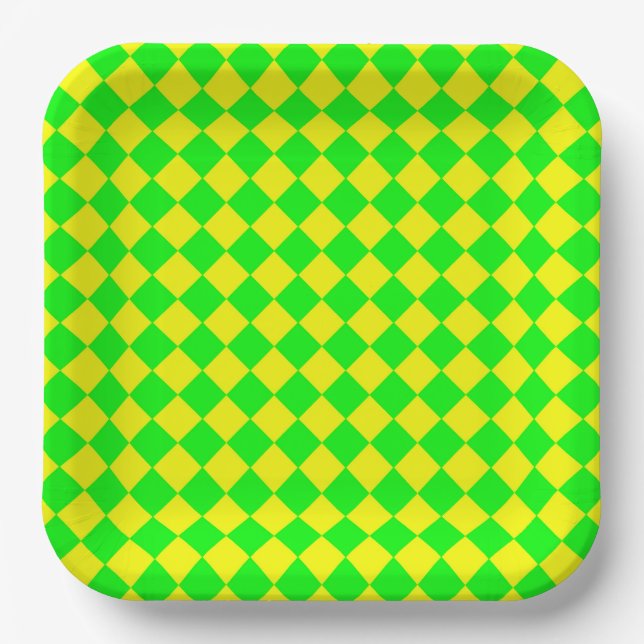 Gelb Grüne Checker-Diamant-Muster Pappteller (Vorderseite)