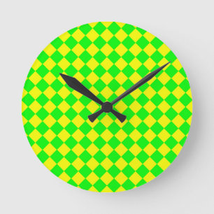 Gelb Grüne Checker-Diamant-Muster Runde Wanduhr