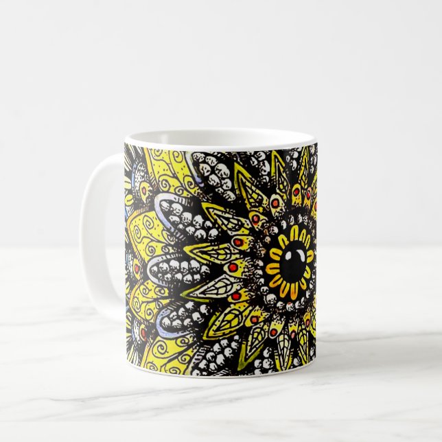 Gelb Grüne Handgezeichnete Mandala-Design Kaffeetasse (Vorderseite Links)