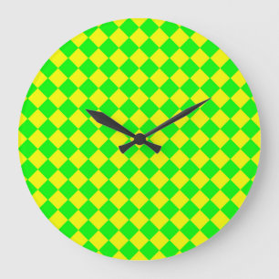Gelb Grüne Schachbrett-Diamant-Muster Große Wanduhr