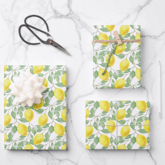 Gelb-grünes Zitronenmuster Geschenkpapier Set (Vorderseite)