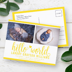 Gelb Hello World Foto Geburt Stat Ankündigungspostkarte