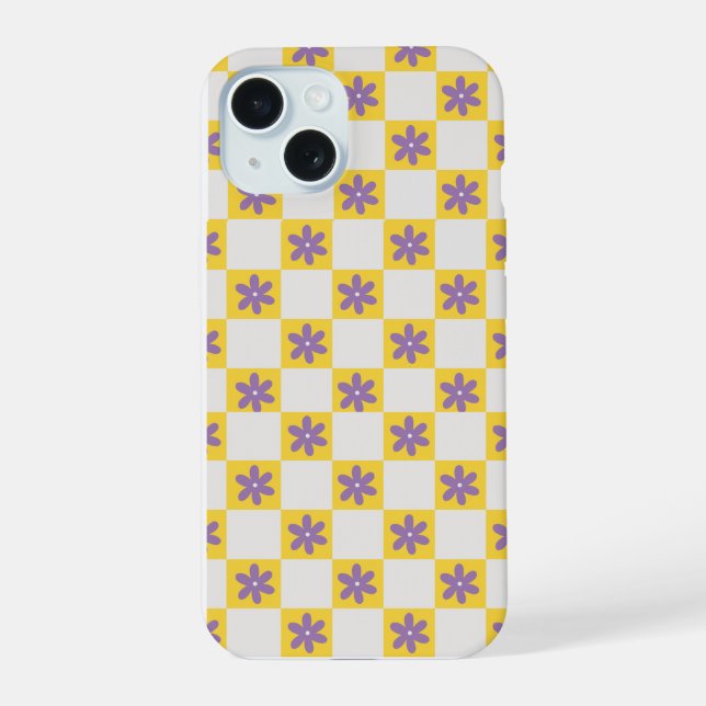 Gelb kariertes Blumenmuster – Lila Gänseblümchen  iPhone 15 Hülle (Rückseite)