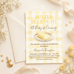 Gelb kariertes Buttergelb neutrale Babyparty Einladung