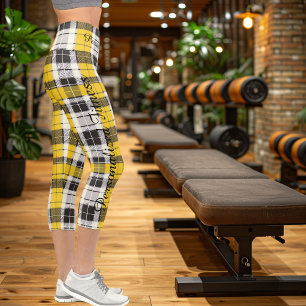 Gelb kariertes Muster mit schwarzen und weißen Akz Capri Leggings