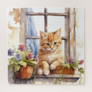 Gelb-Kätzchen-Fenster-Blumenkasten-Malerei