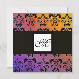 GELB LILA BLAU SCHWARZES QUADRAT DAMAST MONOGRAMM EINLADUNG
