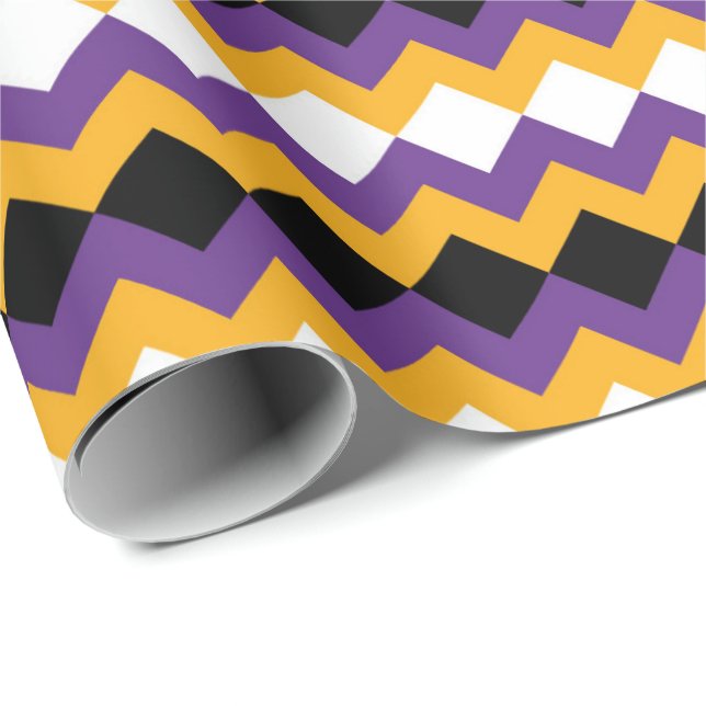 Gelb, Lila, schwarz und weiß Zigzag Zickzack Geschenkpapier (Rolleneckpunkt)