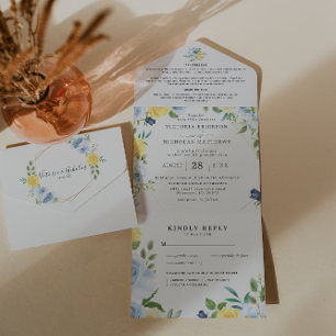 Gelb & Marineblau Sommerblumen   Hochzeit All In One Einladung