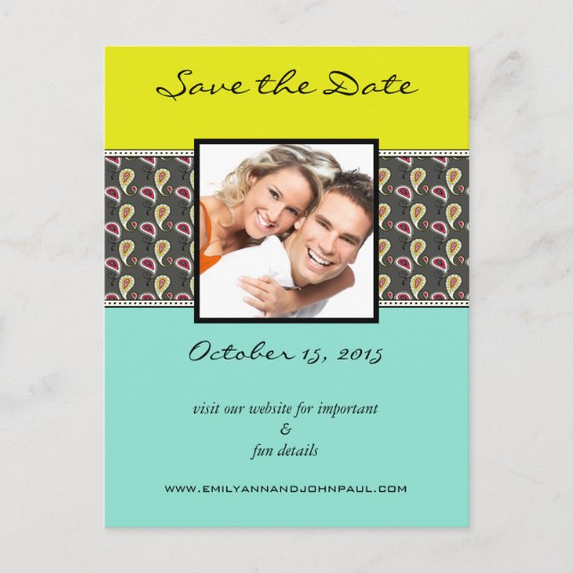 Gelb & Minze Paisley Foto Save the Date Ankündigungspostkarte (Vorderseite)
