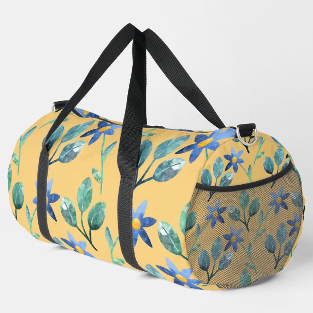 GELB MIT BLAUEN BLUME UND BLÄTTER DUFFLE BAG (Rechte Ecke)