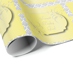 Gelb mit grauem Damast-Muster Geschenkpapier