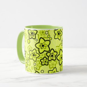 Gelb mit schwarzem hellen Neon-Blumenmuster Tasse