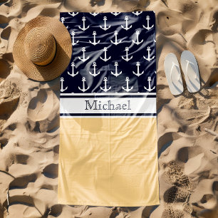 Gelb Navy Blau Anker Muster Name Nautical Strandtuch