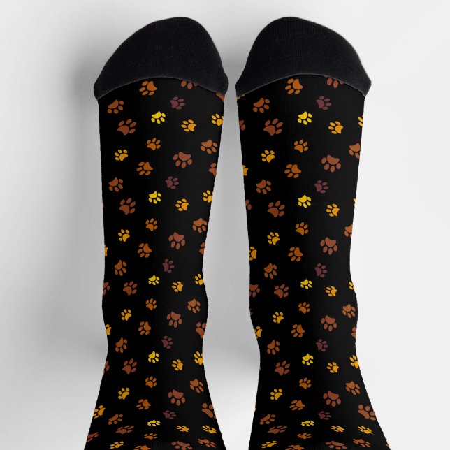 Gelb-orange-braune Paw Prints Muster Schwarz Socken (Oben)