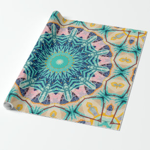 Gelb-orange, Minze und rosa Mandala. Geschenkpapier