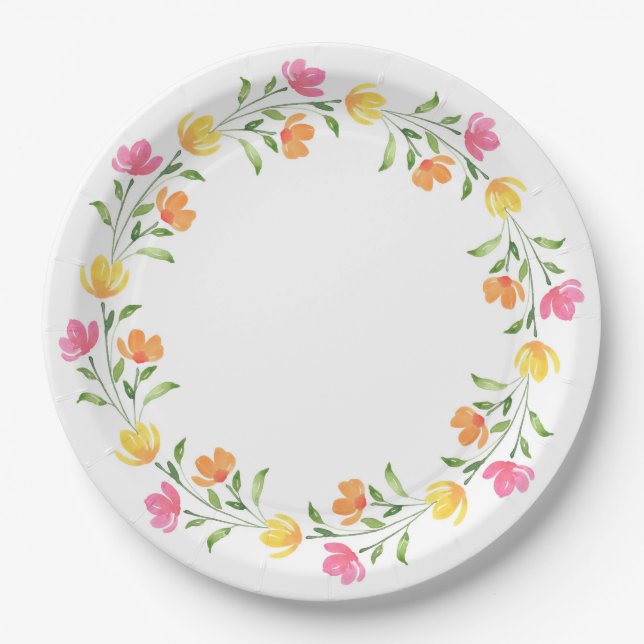 Gelb, orange, rosa Blumenkränz Pappteller (Vorderseite)