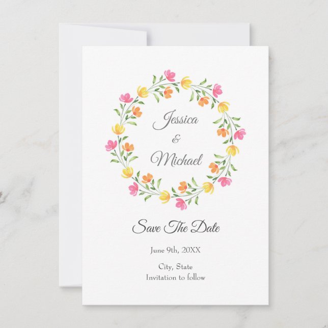 Gelb, orange, rosa Blumenkränz Save The Date (Vorderseite)