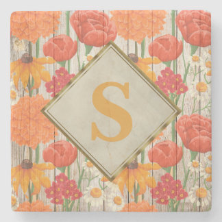 Gelb Orange Rot Floral Weiß Gänseblümchen Monogram Steinuntersetzer