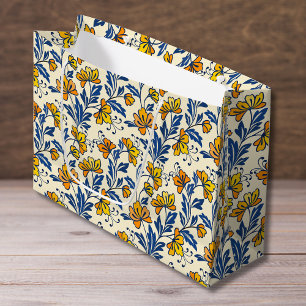 Gelb Orange Vintage-Folk-Florales Blaues Blatt Große Geschenktüte