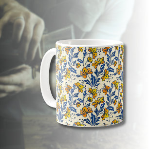 Gelb Orange Vintage-Folk-Florales Blaues Blatt Kaffeetasse