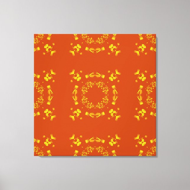 Gelb, orangefarbene, florale Damasken, Retromuster Leinwanddruck (Vorderseite)