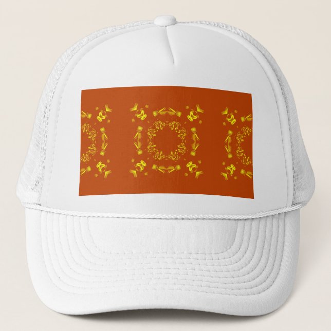 Gelb, orangefarbene, florale Damasken, Retromuster Truckerkappe (Vorderseite)