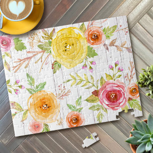 Gelb rosa florale Wasserfarbe rustikales Weißholz