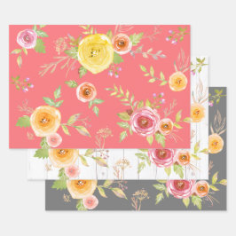 Gelb rosa grau florale Aquarell rustikal elegant Geschenkpapier Set