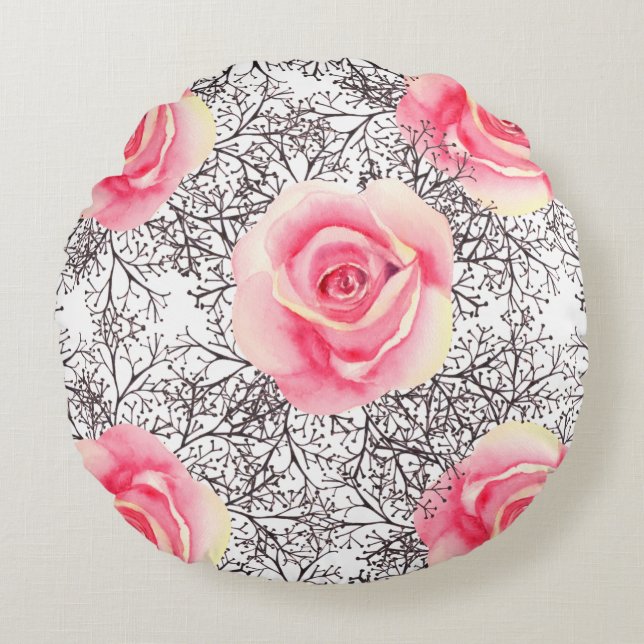 Gelb rosa Rose Print Round Kissen (Vorderseite)
