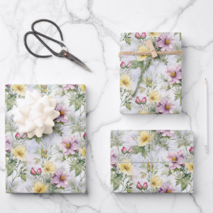 Gelb, rosa, rote Blume auf Kariert Geschenkpapier Set