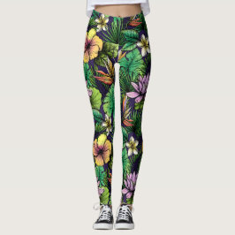 Gelb-rosa-schwarz-gelbe Muster der tropischen Blum Leggings