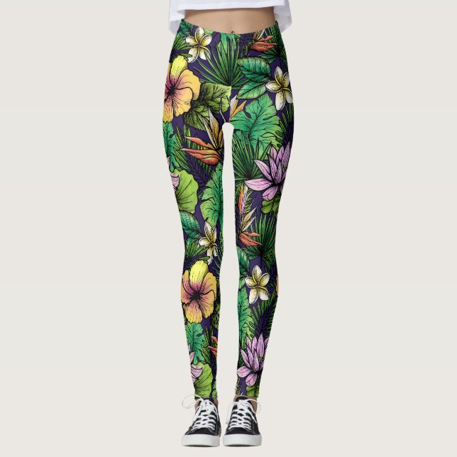 Gelb-rosa-schwarz-gelbe Muster der tropischen Blum Leggings (Vorderseite)