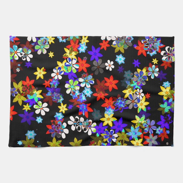Gelb, Rot, Blau, Creme, violette Blume auf schwarz Geschirrtuch (Horizontal)