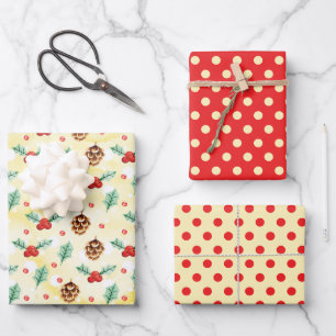 Gelb Rot Braun Weihnachten Stechpalme Zapfen Punkt Geschenkpapier Set