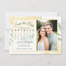 Gelb & Salbei Boho Rosen Kalender & Foto Hochzeit